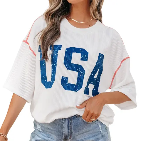 Asvivid Women's USA Graphic Half Sleeve Loose Ribbed Top Tshirt Casual Crewneck Tops Streetwear Womenswear Fashion Summer Clothes