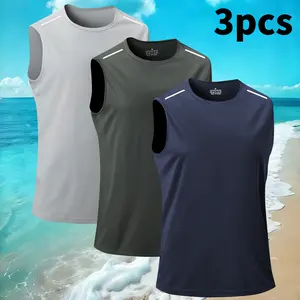 Men's solid color sports quick-dry sleeveless T-shirt with reflective strips, suitable for fitness wear, men's summer everyday outfit, body-shaping, men's vest