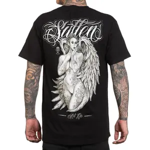 Heaven Sent Standard Tee - Black Cotton Jersey Short Sleeve Crew Neck Fitted Top with Tattooed Angel Graphic for Men