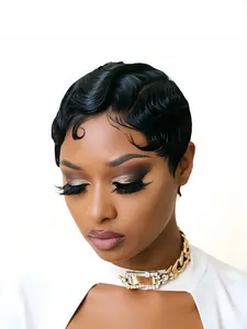 pixie cut wig  black brown burgundy color 13x4 frontal transparent lace  black  color short finger wave human hair wig daily party cosplay gift use hair wig for women Party holidays gift wig
