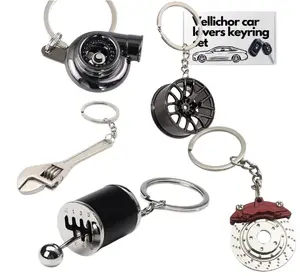 Vellichor 5pc Car Lovers Key Chain Set Manual Gear Shifter Wheel Rim Spanner Turbo Brake Disc Keychain Auto Enthusiast Gift Set for Car Truck Bike Parts Keyring