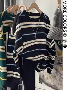 This Striped Oversized Sweatshirt is Cozy Casual Vibes   Loose Fit Pullover Top Lightweight Slim-Fit Top