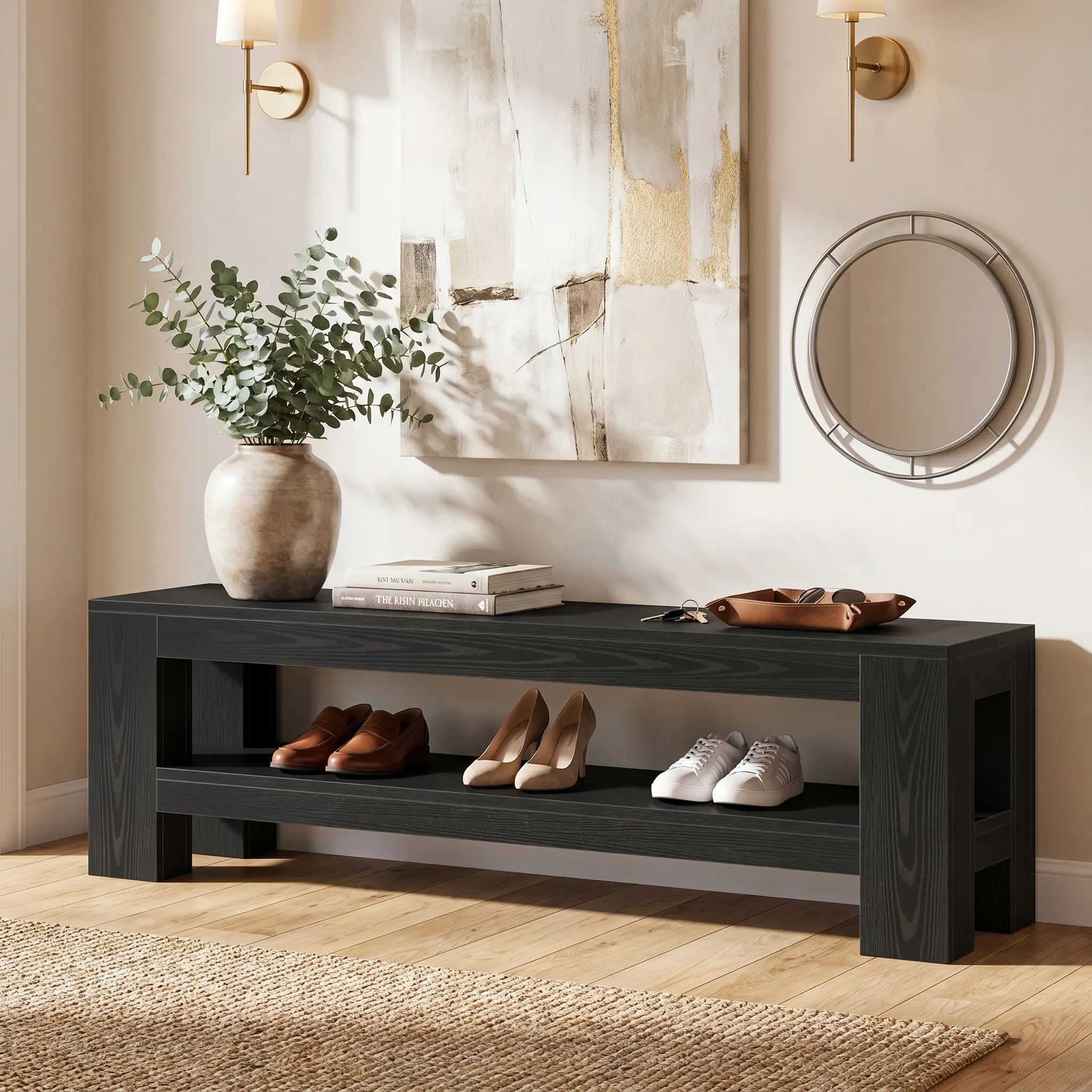 Spaco 47.2 in Modern Farmhouse Entryway Bench with Storage - 2-Tier Shoe Bench, Cushioned Seat, Metal Frame, End of Bed Stool for Bedroom, Hallway