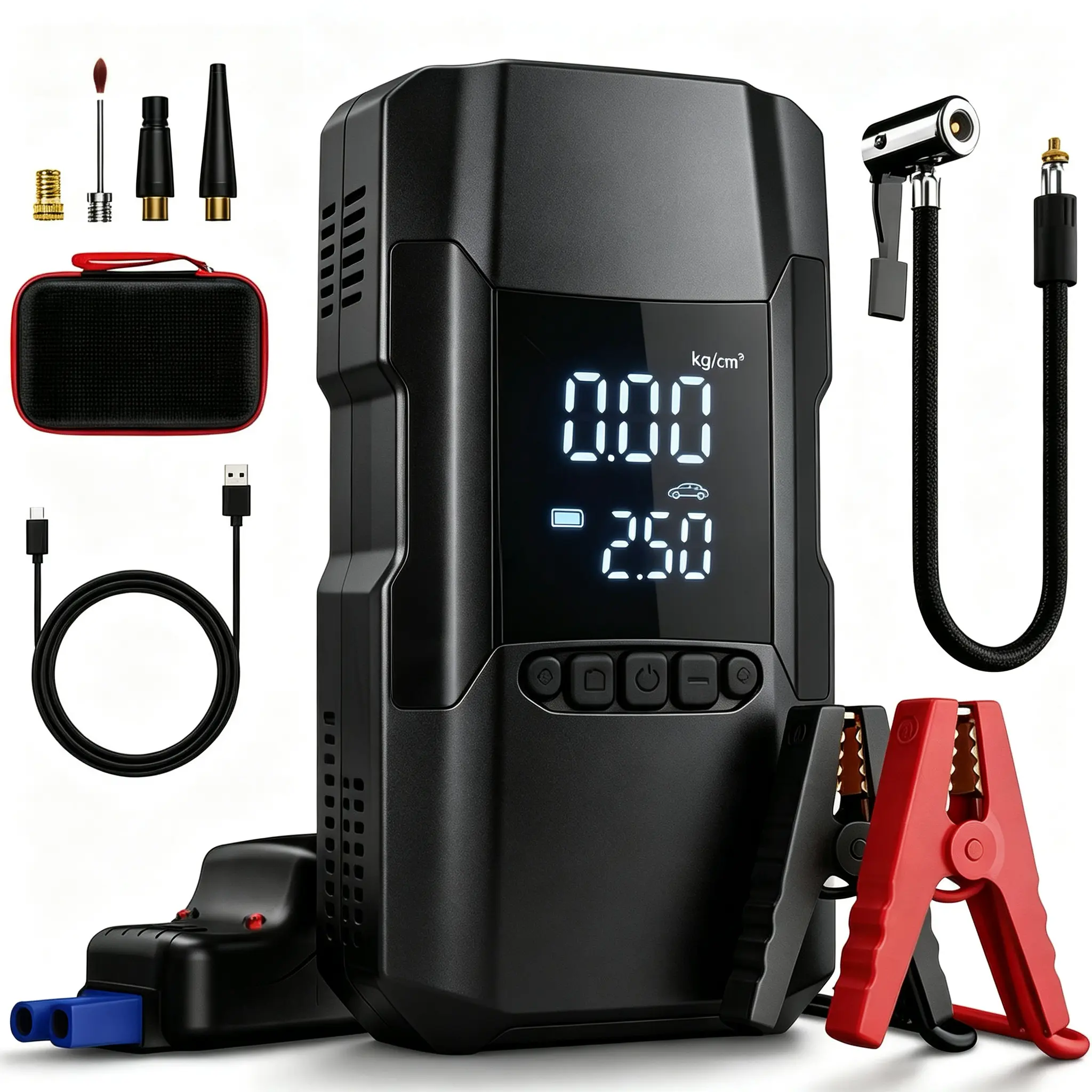 2026 Tire Portable Air Compressor & Car Jump Starter& Portable Power Bank Charger,  lighting,4 in 1, Car starting peak current: 3100A , Air compression0-150 PSI for Car, Motorcycle, Bike, Balls, Motorboat, Tablet PC, Phones and LED/SOS Light