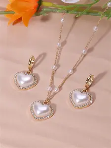 Elegant Heart-Shaped Faux Pearl Jewelry Set, Heart Shine Set, Includes Rhinestone Pendant Necklace & Earrings, Perfect Valentine's Day Gift for Women