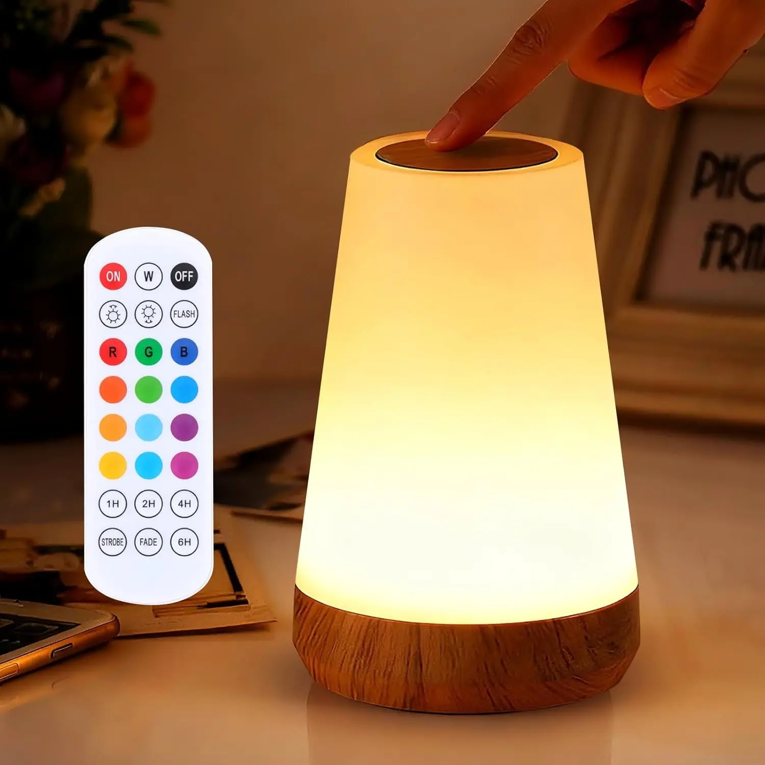 Night Light, Dimmable Touch Lamp and Remote Control, 13 RGB Colors & 5 Brightness, Rechargeable Bedside Table Lamp for Baby Kids Nursery Bedroom Bathroom Camping (Wood Grain)