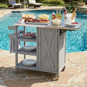 Foldable Outdoor Kitchen Island Patio Kitchen Island Outdoor Kitchen Cart Portable Prep Station with Lockable Wheels, Storage Cabinet and Towel Rack for Patio and Outdoor, Grey