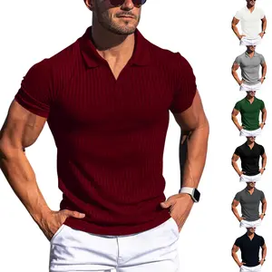 Men's Ribbed Slim Fit Polo Shirts Summer Casual Open Collar T-Shirt