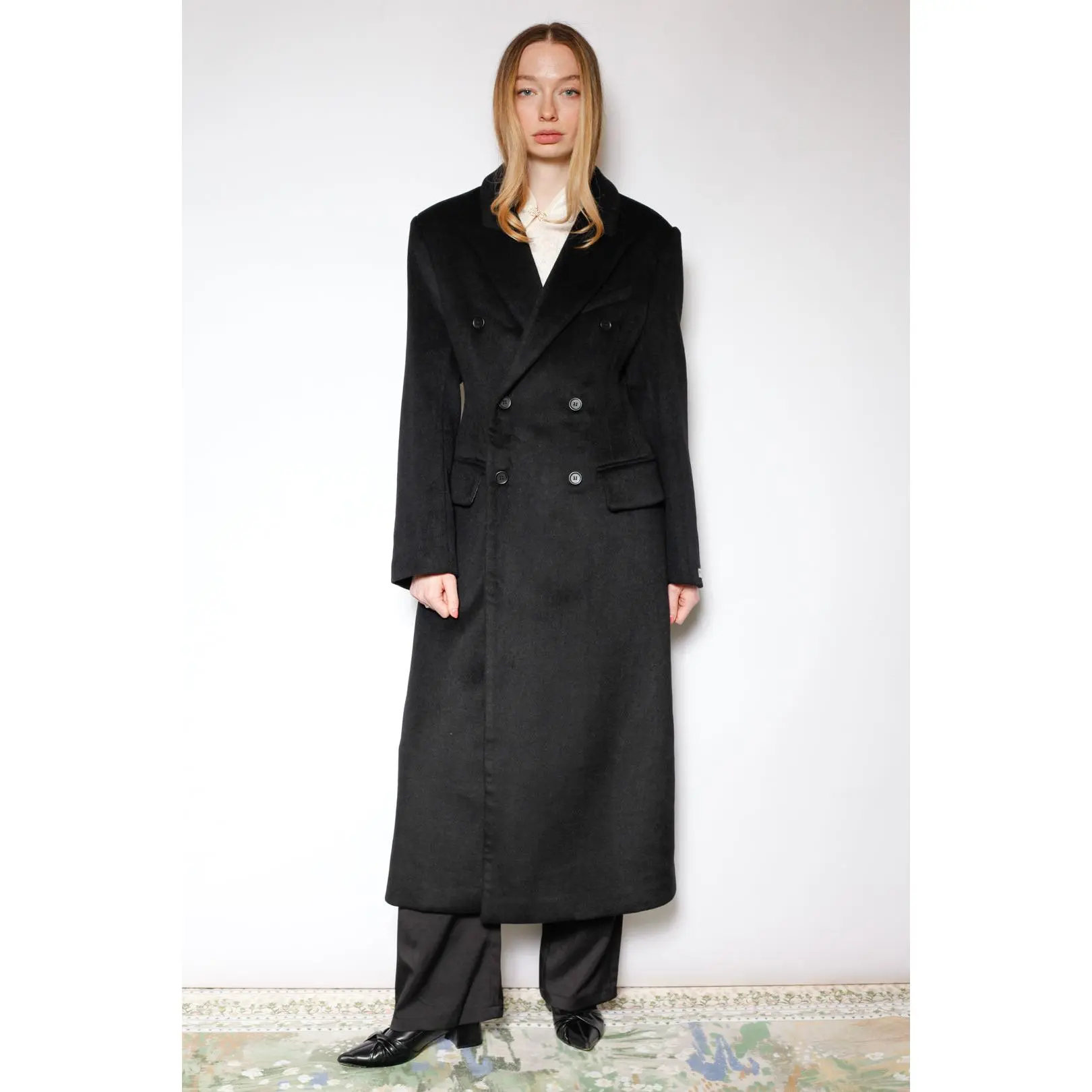 100% Merino Wool Black Structured Long Coat