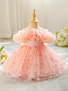 Toddler Girl's Floral Print Ruffle Trim Sweater Dress, Cute Romantic Puff Sleeve Round Neck Knit Dress for Party Holiday Wedding Guest, Kids Clothing for Spring & Fall, Tulle Overlay Dress, Spring Dresses, Floral Printed Dress