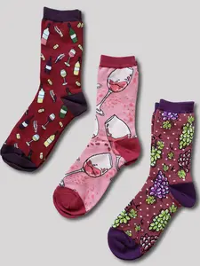 Women’s Wine Socks – 3-Pair Set | Fun Wine Lover Crew Socks with Grape and Wine Bottle Patterns