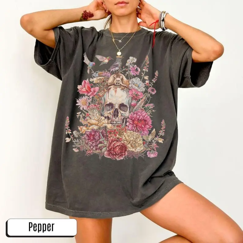 Comfort Colors Retro Floral Skull T-shirt, Dark Cottagecore Nature Shirt, Forestcore Skull Tee, Vintage Colorful Top, Gothic Y2k Sweater, Gift For Her