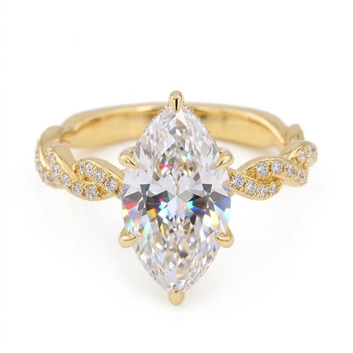 Women's Luxury Marquise Cut Artificial Gemstone Engagement Ring - Golden-Tone Solitaire with Twisted Pave Band - Elegant Bridal Promise Jewelry for Anniversary, Engagement, Engagement Rings