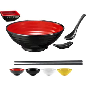 Unbreakable Ramen Bowl Set with Chopsticks and Spoon: 1 large  Style Melamine Ramen Bowl, Dipping Bowl and Chopsticks and Stand for  Pho Soup Thai Miso Udon Wonton (1 Bowl Set, Red-Black)