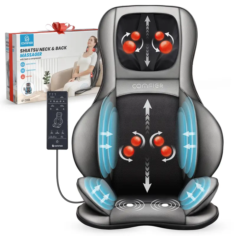 COMFIER Polyester Neck and Back Massage Cushion - Self Care Gadgets, 4-Node Neck Knead, Adjustable 2D/3D Finger Press Kneading, Heatable, 3 Intensities Vibration Massage, Air Compression, 36W Power, Father’s Day Gift