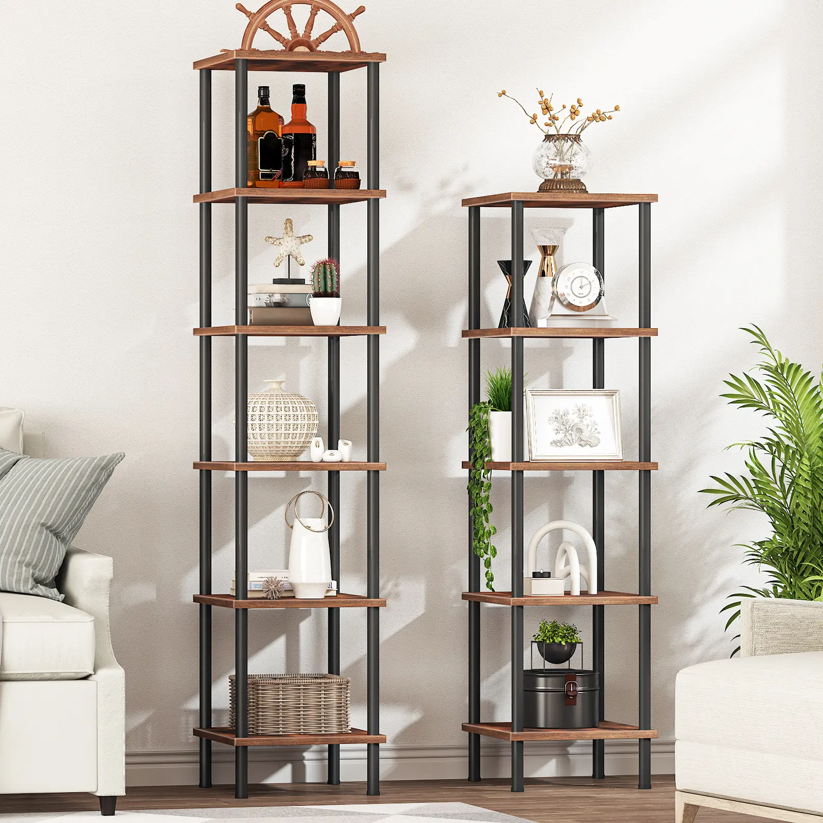 HOOBRO 6-Tier Corner Shelf, Corner Square Rack Display Shelf, Tall Storage Rack Plant Stand, Corner Bookcase for Small Spaces, Living Room, Home Office, Kitchen, Rustic Brown and Black #SummerVibes
