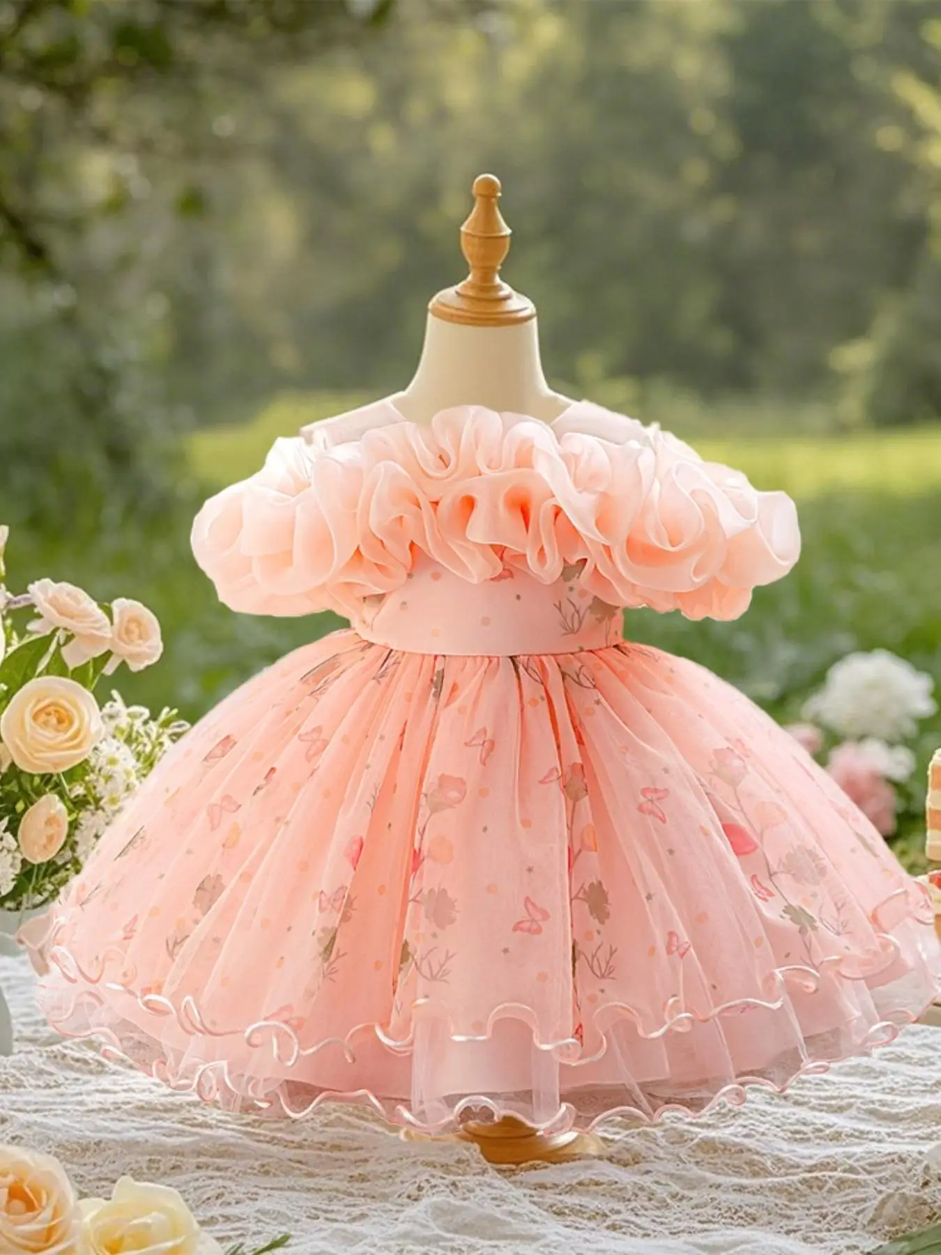 Toddler Girl's Floral Print Lace Trim Sweater Dress, Elegant Romantic Ruffle Layered Sleeve Knit Dress for Party Wedding Guest, Kids Clothes for Sprin