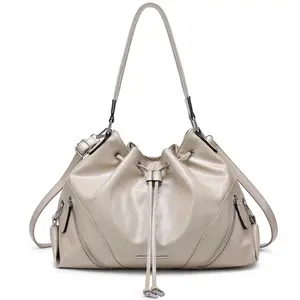 Dasein Soft Vegan Leather Drawstring Shoulder Bag  Large Capacity Hobo Purse