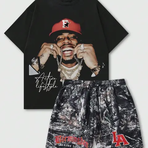 Two-Piece Set Men's Regular Fit Figure & Letter Print Tee & Pocket Shorts Set, Drop Shoulder Short Sleeve T-shirt & Track Shorts, Casual Summer Clothes Set for Outdoor