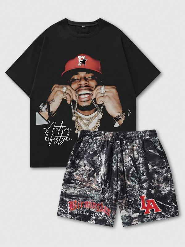 Graphic Print Shirt And Shorts WDIRARA Boys 2-Piece Outfit Set - Graphic Print T-Shirt & Track Shorts Short Sleeve Outfit For Boys