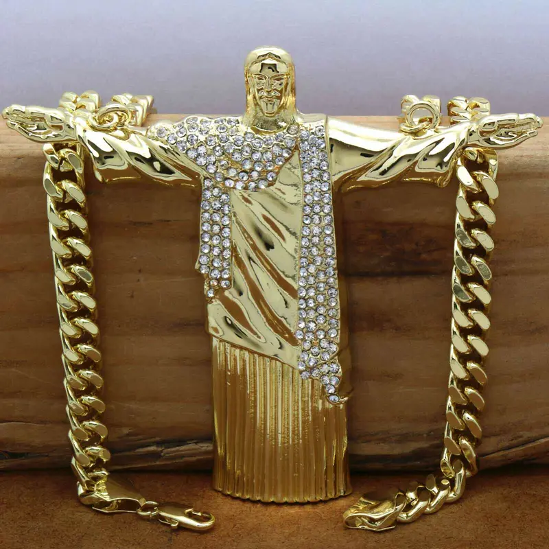 MaxBling81 Jumbo Christ the Redeemer Jesus Charm Pendant & 10mm Cuban Link Chain Set (18in/20in/24in/30in) - Unisex Hip Hop Chunky Casual Jewelry, Religious Jewelry Gift, Statement Religious Necklace, 5" x 4.65" Chain & Link Necklaces