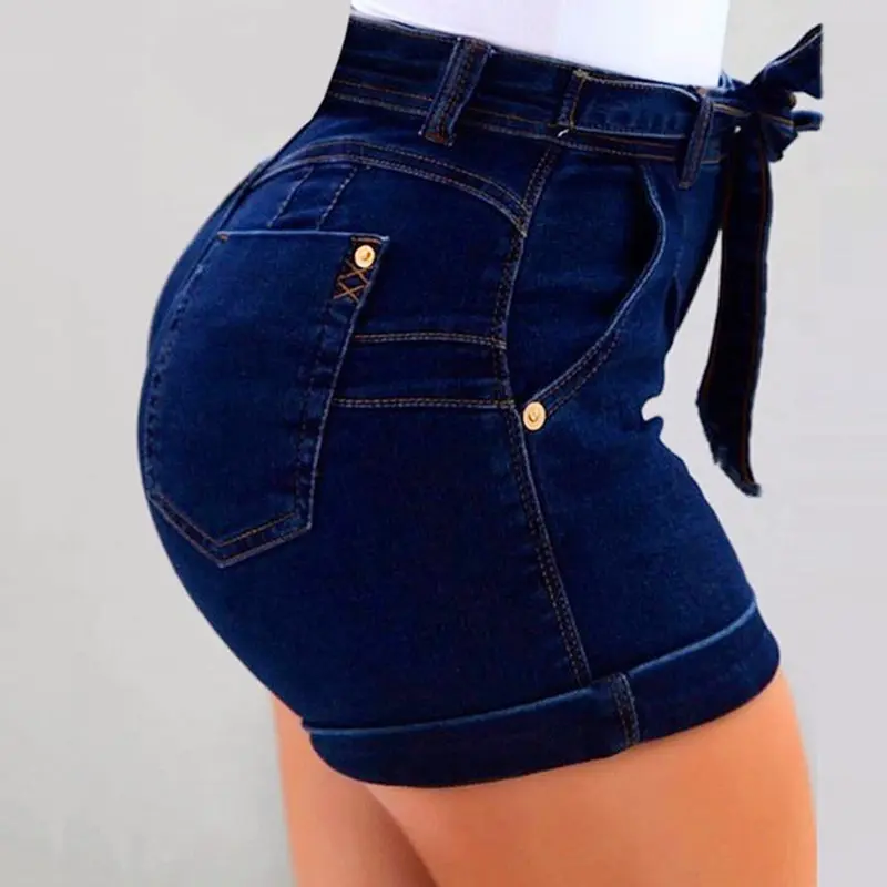 Women's casual elastic denim shorts, high-waisted with folded hem, tight-fitting stretch high-waisted buttock-lifting shorts for women, plus size available