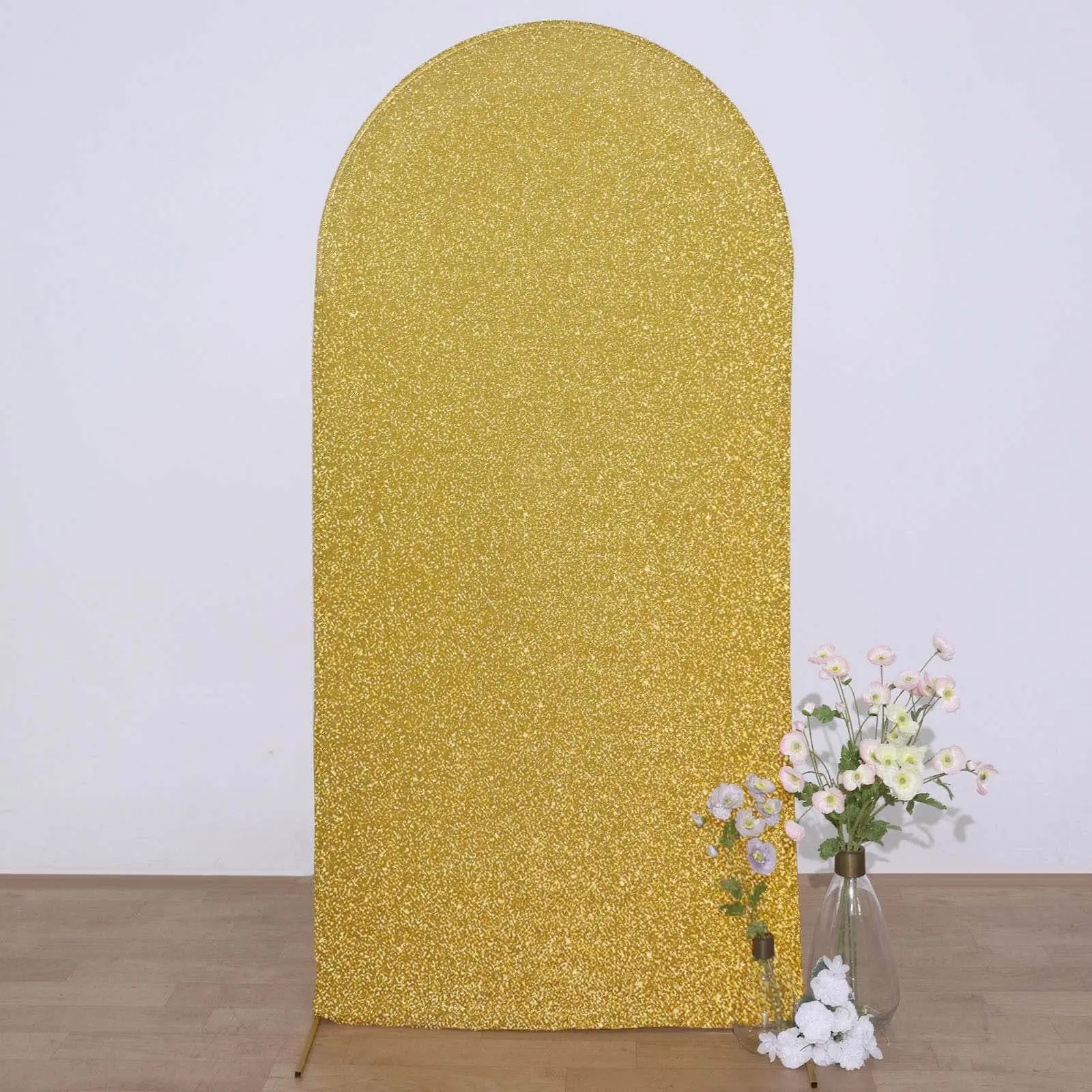 7ft Gold Tinsel Stretchy Backdrop Fabric - Fitted Round Top Chiara Stand & Circular Archway Covers, Shimmer Wall Festive Backdrops & Banners, Wedding Ceremony & Baby Shower Decor Supplies