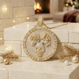 Street-style, unique vintage pendant with full diamonds. Unique dark-style disc skull pendant. Strong festive atmosphere. The best gift for friends