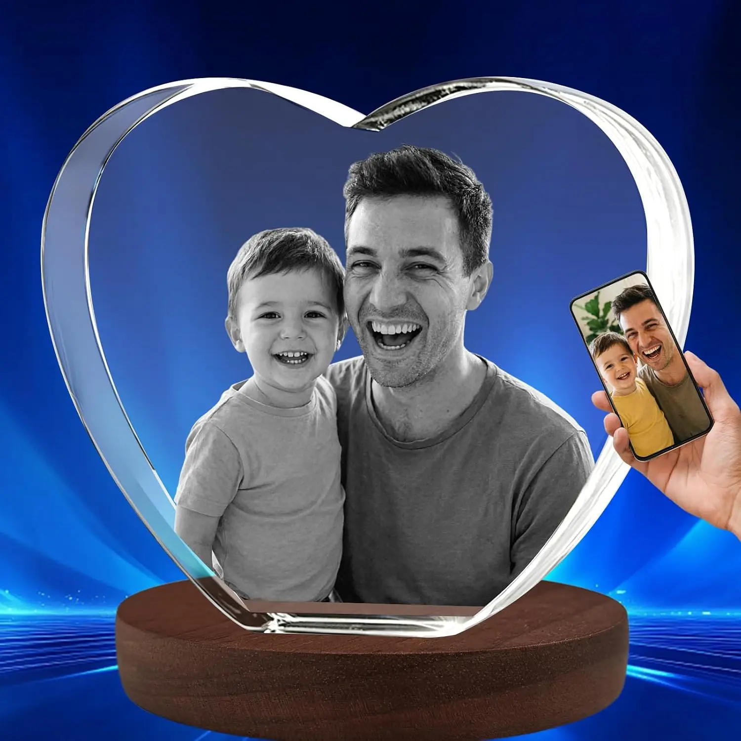 inCustom 3D Laser Etched Crystal Photo, Personalized Custom Engraved Picture Keepsake, Gift for Mom Dad Wife Husband, Birthday Wedding Pet Memorial, Free Wooden Base & Gift Box, S M L, Heart Iceberg Landscape Portrait Square