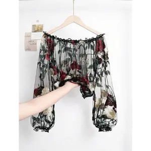 Women’s fashionable off-shoulder short jacket with hollow mesh crochet embroidery featuring floral motifs and lantern sleeves—fashionable summer casual wear GARMENTARY