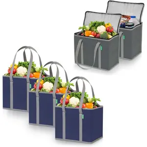 Shopping Bag 5-Pack -  Grocery Box Bags (3) - Insulated Grocery Bags (2) - , Heavy Duty Tote Bag Set