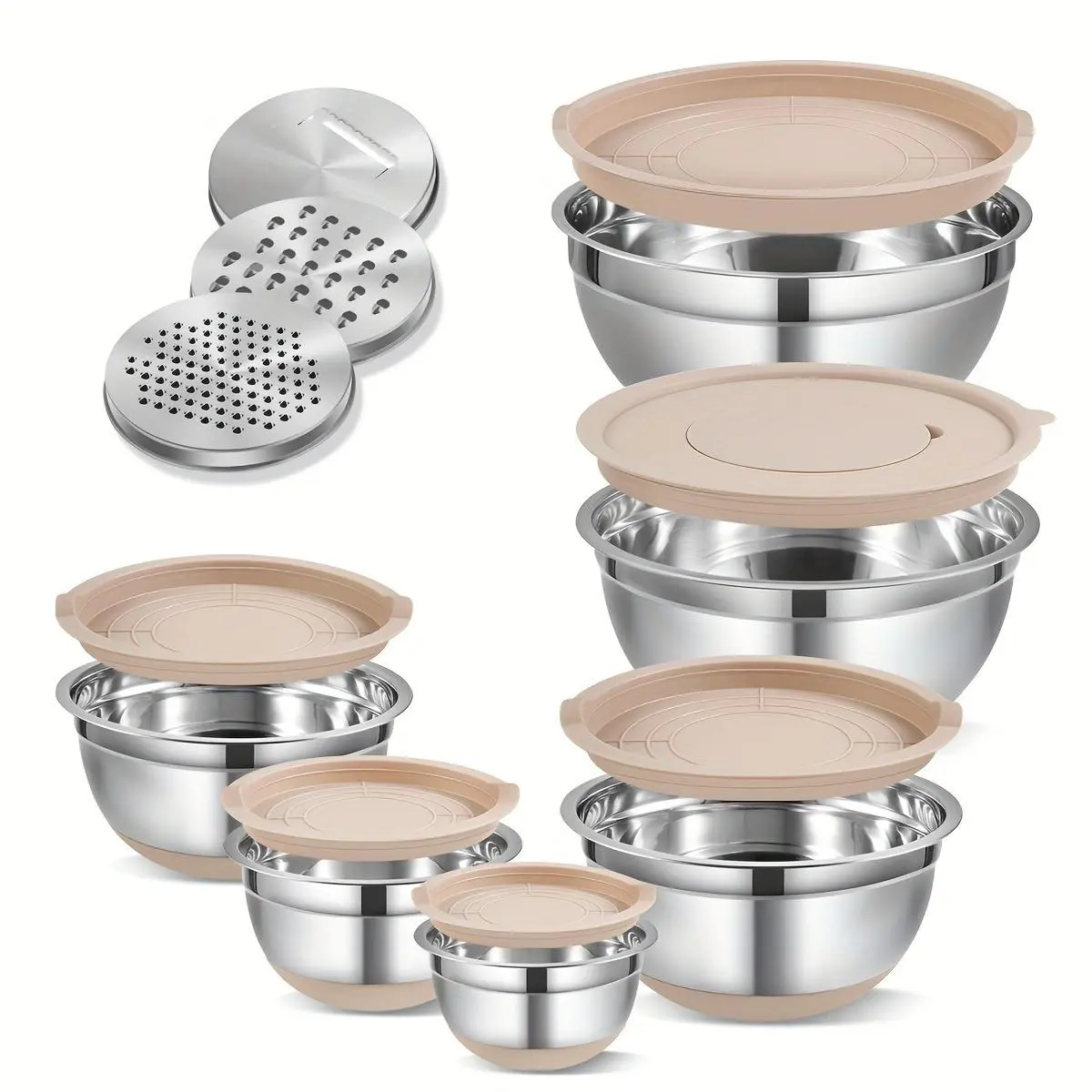 Stainless Steel Mixing Bowl Set, 15pcs/set Including 6 Mixing Food Bowls, Bowl with Lid & 6 Lids & 3 Grater Attachments, Baking Tools, Home Kitchen Accessories, Durable Kitchenware