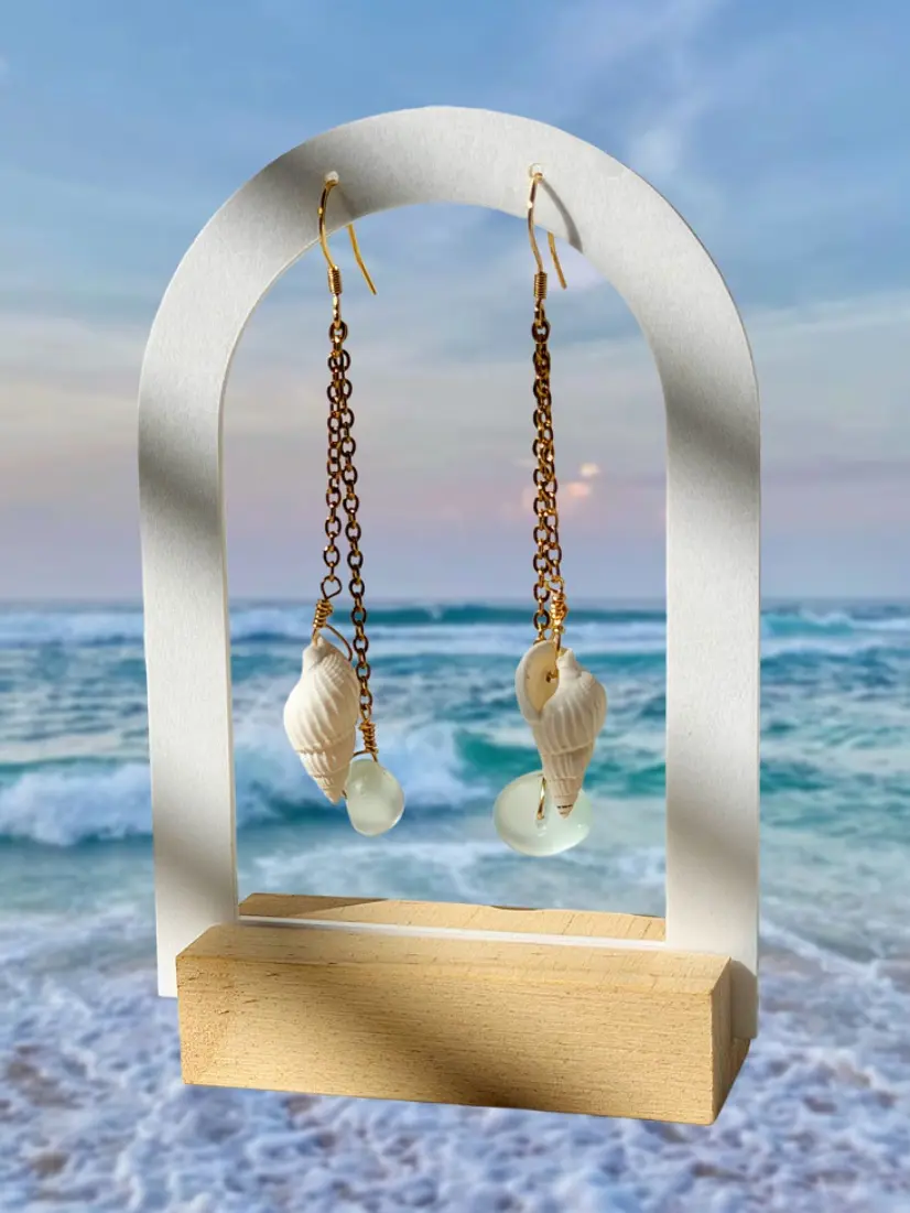 TEAL SEAGLASS SHELL DANGLES 18k gold plating