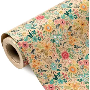 30 Inch Kraft Floral Wrapping Paper Roll - 30 Inch x 33 Feet - Spring Summer Flower Design for Wedding, Bridal Shower, Birthday