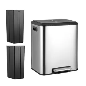 Dual Trash Can for Recycling and Trash, Stainless Steel Kitchen Trash Can with Lid and Foot Pedal, Double Compartment Garbage Can with Removable Buckets, Soft Close Step On Waste Bin for Kitchen Home