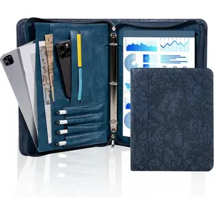 Embossed Portfolio Binder,3-Ring Zipper Padfolio for Women and Men,A4/Letter Size,PU Leather with iPad,Professional Organizer for Resume/Interview (Dark Blue)