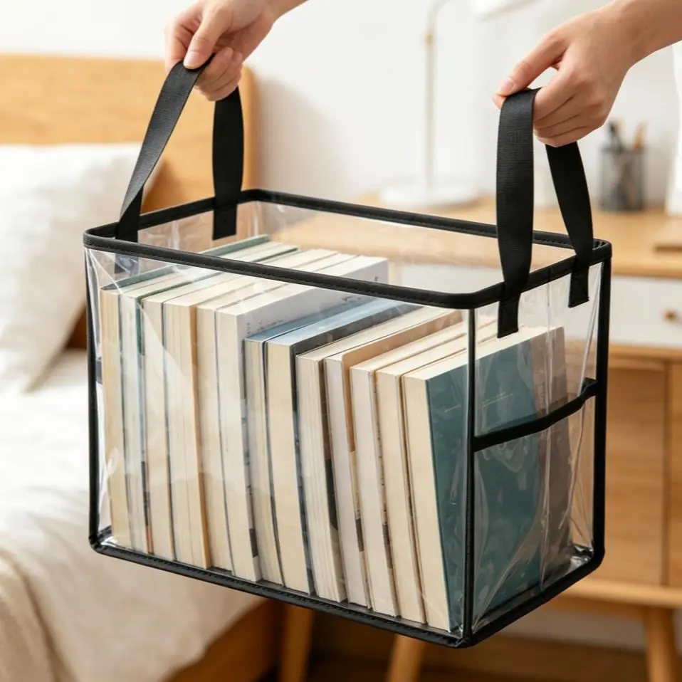 Black Transparent PVC Closet Bin - Collapsible Home Organizer with Dual Handles, Double-Side Zipper, Waterproof Dust-Resistant Design for Bedroom, M/L Sizes (For Books/Magazines Storage)