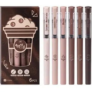6 Pcs Rolling Ball Pens Cute Coffee Design Liquid Ink Rollerball Pens Cartoon 0.5 mm Black Ink Pen Quick Drying Smooth Writing Pen Fun Touch To Your Writing Experience Office School Supplies