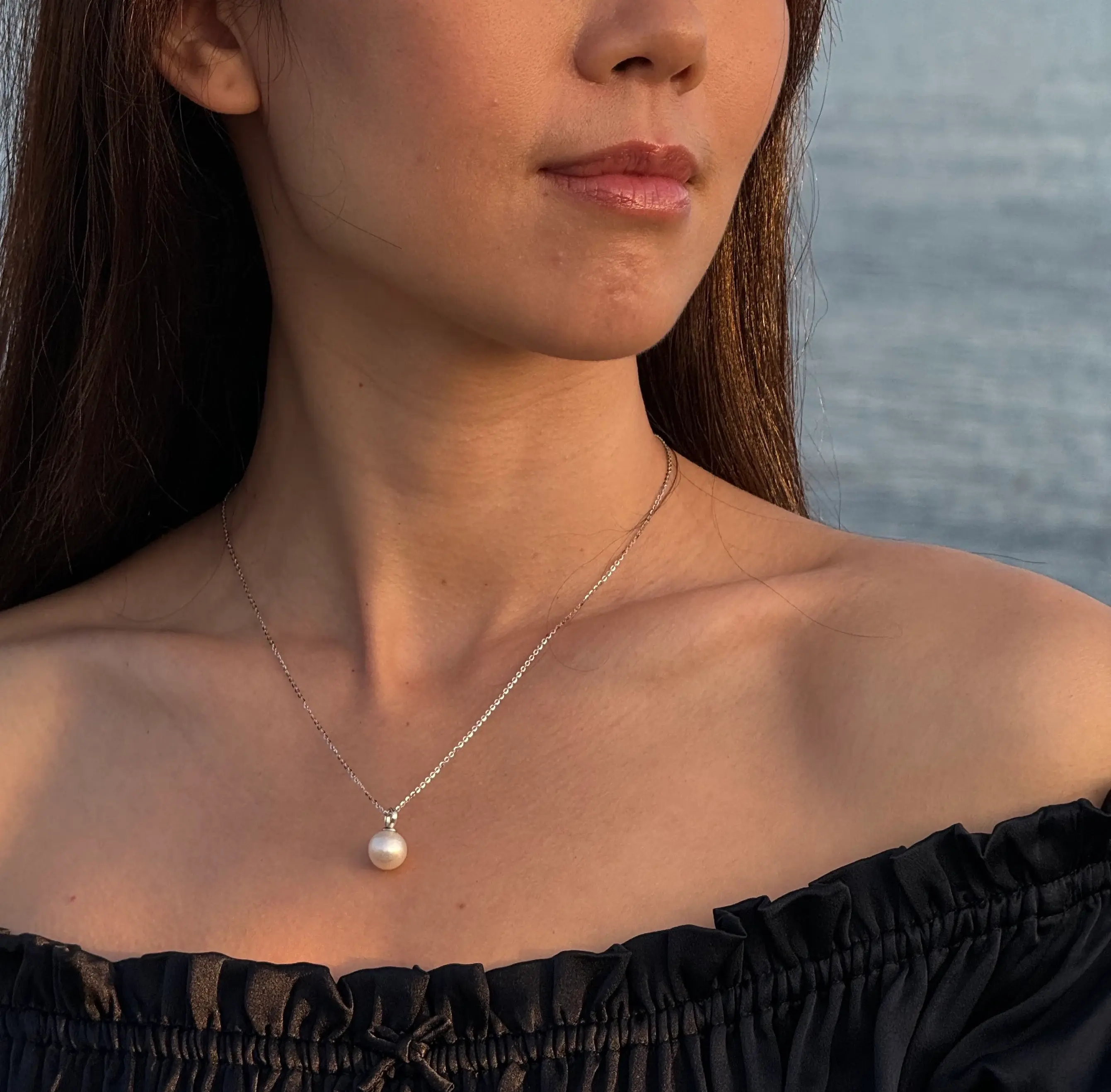 Large Single Pearl Necklace - 10-11mm Freshwater Pearl Pendant - Minimalist Solitaire Jewelry in Sterling Silver [Iris]