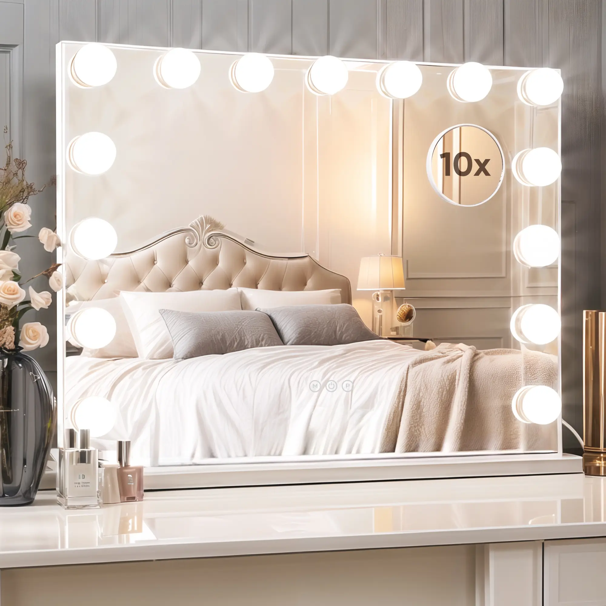 22" × 19" Hollywood Vanity Mirror with Lights, 15 Dimmable LED Bulbs, 3 Color Modes, 10X Magnifying Mirror & USB Charging Port, Large Tabletop Makeup Mirror, White