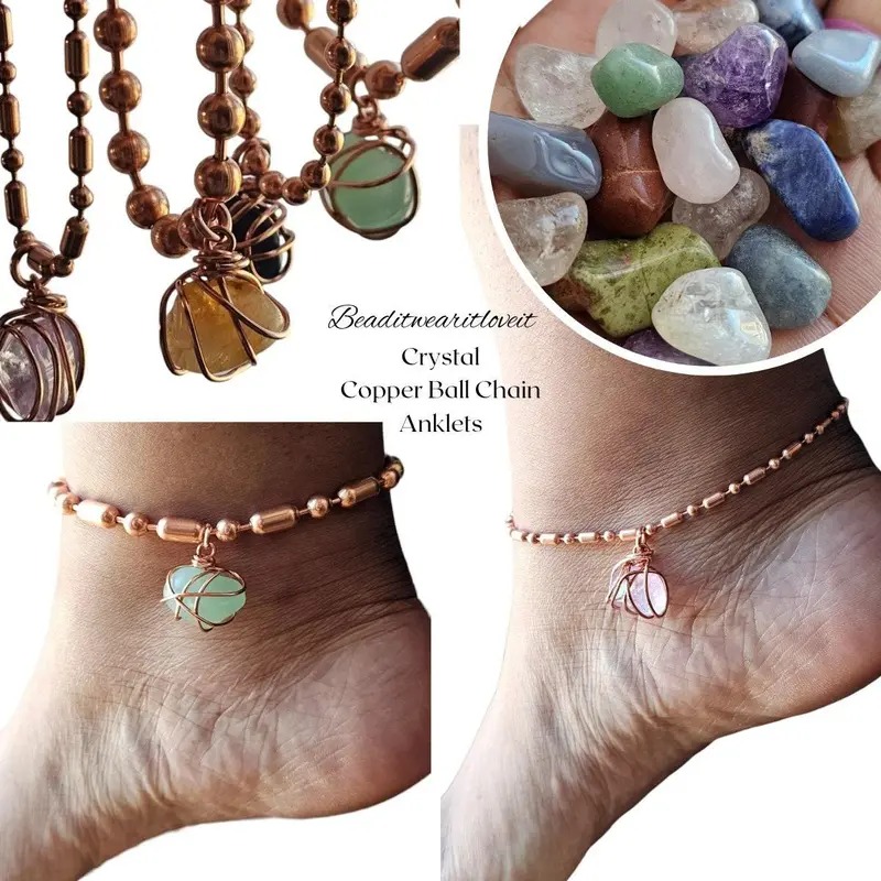 Pure Raw Copper Ball Chain Crystal Ankles, Copper Anklet, Multiple Lengths Natural Copper Chain Natural Stone Charms  [Made-to-Order]0