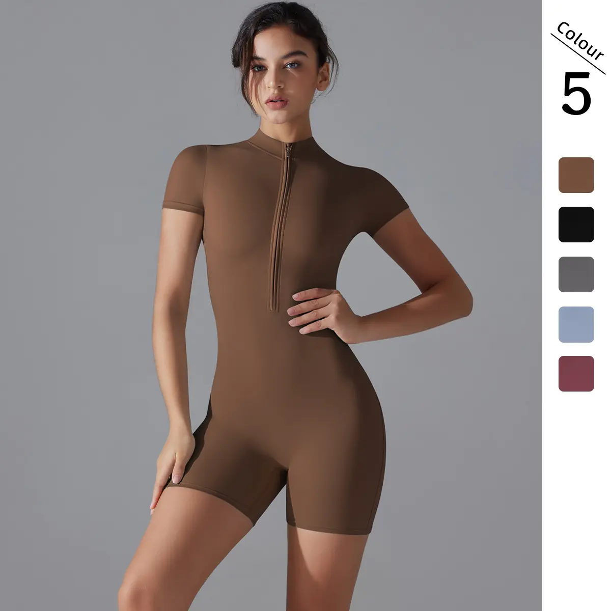 New European and American summer zipper short-sleeved shorts yoga onesie women's dance fitness tight sports onesie sweatpants track bra