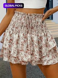 women's floral print frill trim shirred tiered layer shorts, casual high waist tie front wide leg shorts for spring & fall, women's loose bottoms for daily wear, bohemian womenswear, summer clothes women, frilly shorts