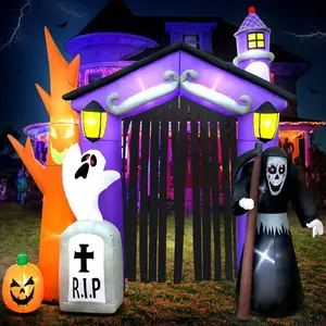 9ft Halloween Inflatable Ghost House Castle Arch Decoration with LED Lights Outdoor Toy Festival Party Lawn Garden unique gift home depot decorative ornament archway holiday light Metal Bat Wall Decor Spooky Skull Resin white Design Sticker Set plastic