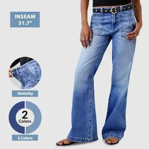 Flamingals Wash Mid Waist Bootcut Jeans High Stretch Fabric 31.7" Inseam Machine Washable Stylish Modern Look Without Belt Chic Elegance