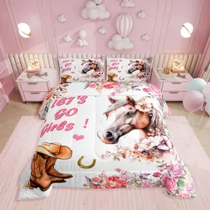 Horse Comforter Set,Western Cowgirl Boots Bedding Sets,Wild West Farm Horse Bed Set,Rustic Country Floral Bedroom Decor Duvet Set