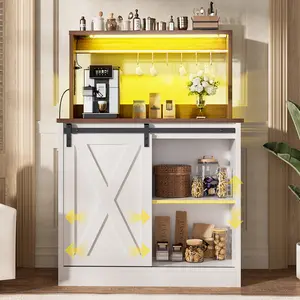 30'' W Farmhouse Style Wine Bar Cabinet with Barn Door & Charging Station & LED Lights,Sturdy Buffet Coffee Bar Cabinet with Adjustable Shelves &Hutch