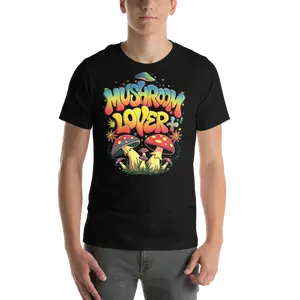 Psychedelic Mushroom Lover T-Shirt - Colorful Retro Graphic Tee - Nature Inspired Gift for Men & Women - Fun Vintage Mushroom Art Shirt Cotton Good Vibes Crewneck Casual Tshirt Streetwear Top Fabric unisex t-shirt graphic  tees graphic  tee