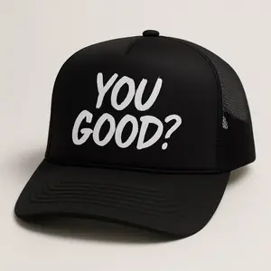 Strong Friend Project: You Good? Snapback Trucker Hat in Black with bold white text