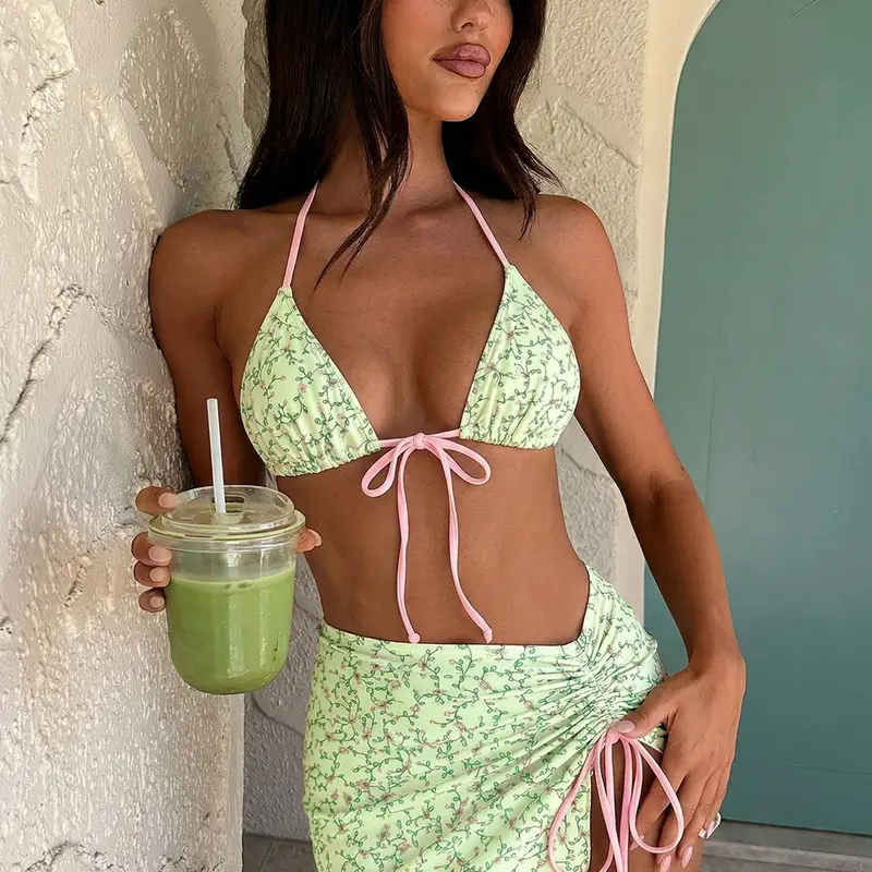 Cute Women's Summer Floral Print Swimsuit, Thin Strap Sexy Bikini Set, Tight Casual Two-Piece Swimwear, High-Waisted Belly Control Bottoms, Summer Swimsuits, Floral Printed Swimwear, Floral Bathing Suits, Swimsuit Sets